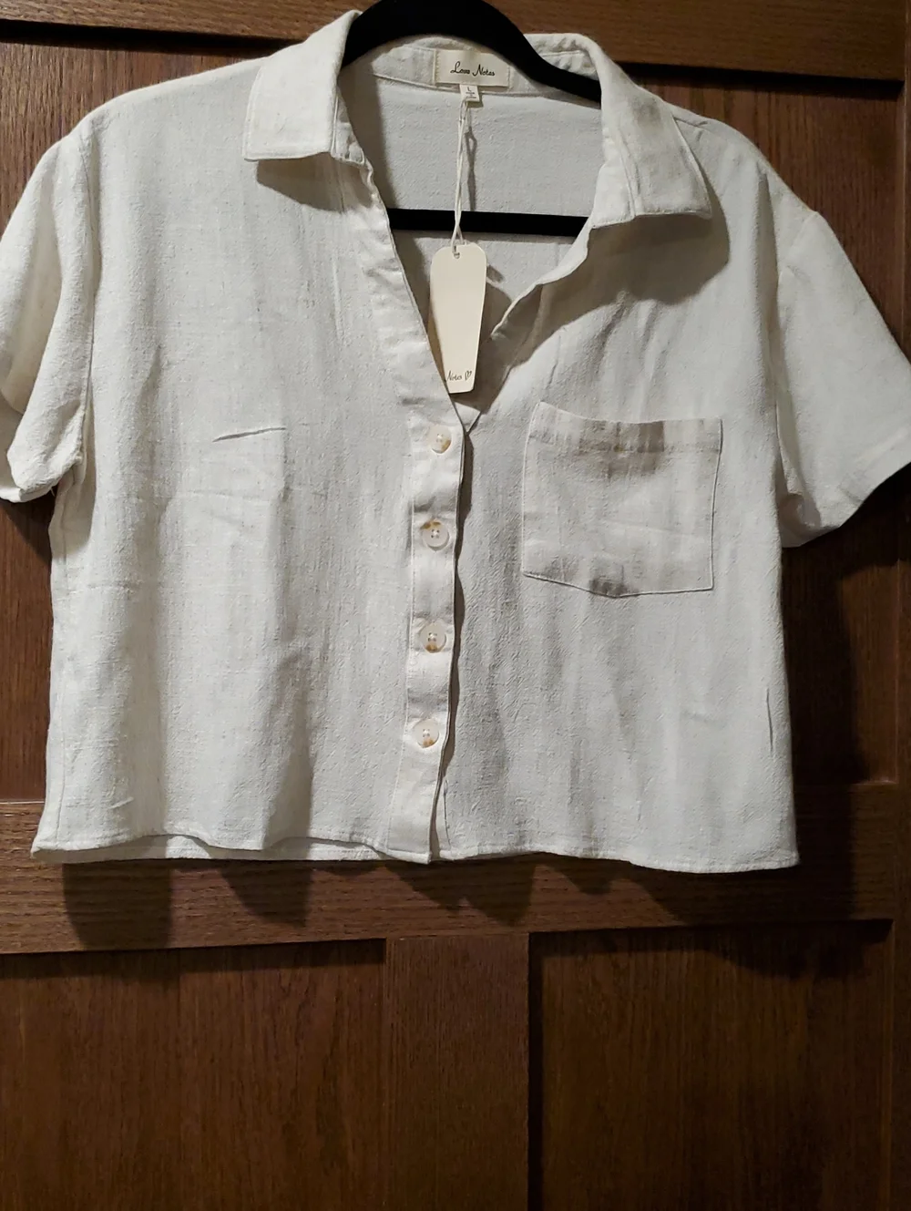 Love Notes size L New⁰ Short-Sleeve Button Front Crop Shirt - Cream - Picture 1 of 5